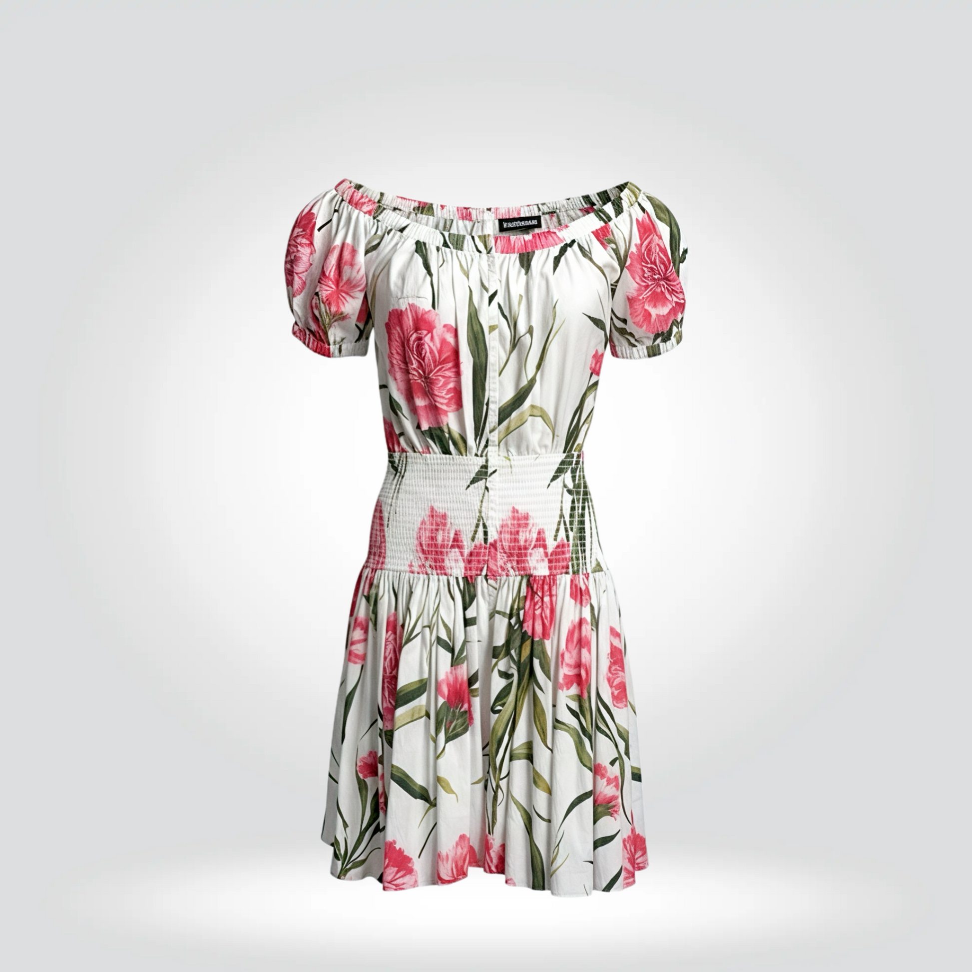 Dolce & Gabbana floral print midi dress white pink carnation puff sleeve smocked waist — Style Reissue Vancouver