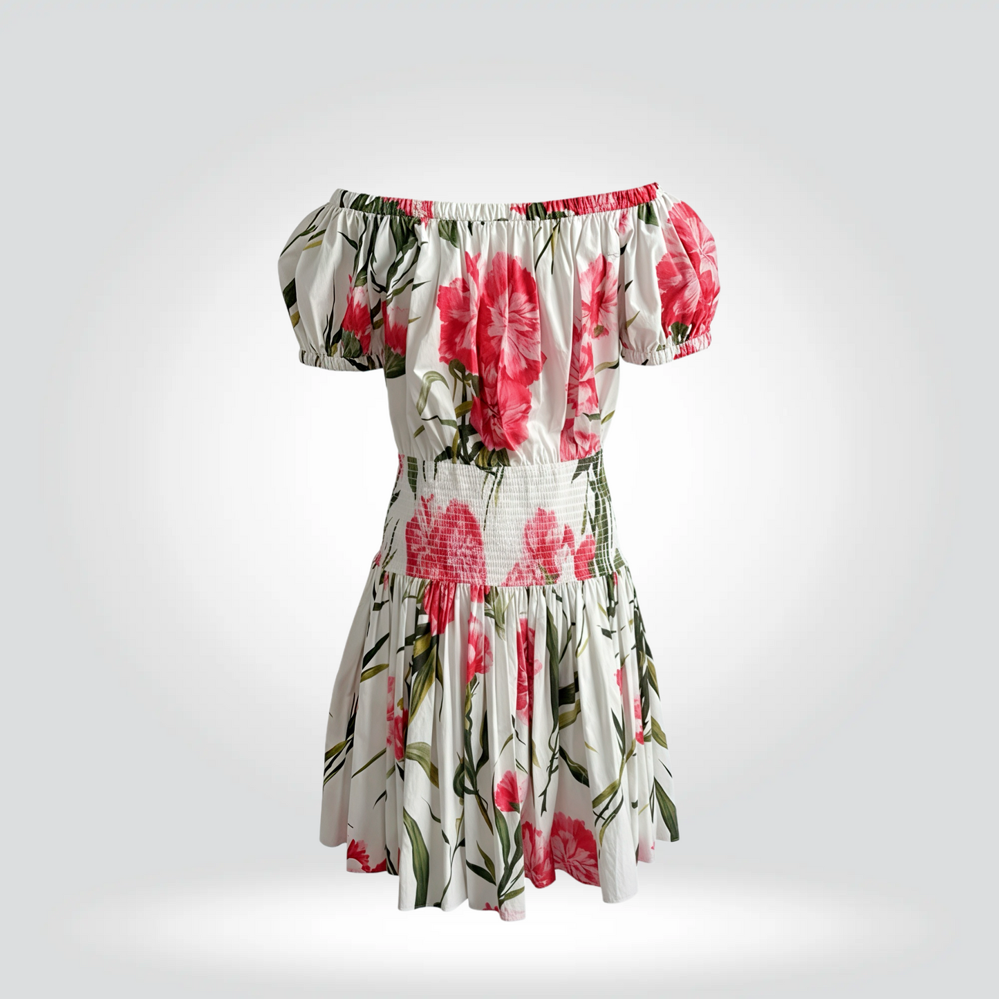 Dolce & Gabbana Floral Print Midi Dress White Pink Carnation Puff Sleeve Smocked Waist — Size 44 — Good | Style Reissue Vancouver