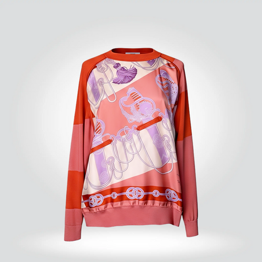 Hermès printed sweatshirt coral orange equestrian chain print raglan sleeves — Style Reissue Vancouver
