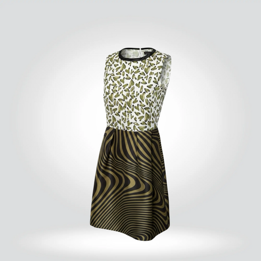 Sportmax mixed print sleeveless dress olive green leaf bodice zebra wave skirt — Style Reissue Vancouver

