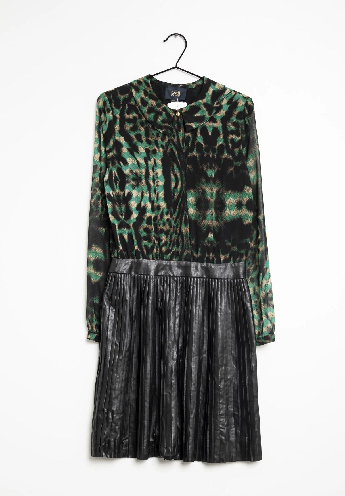 Pre-Owned Cavalli Class Green & Black Animal-Print Shirt Dress with Faux-Leather Pleated Skirt