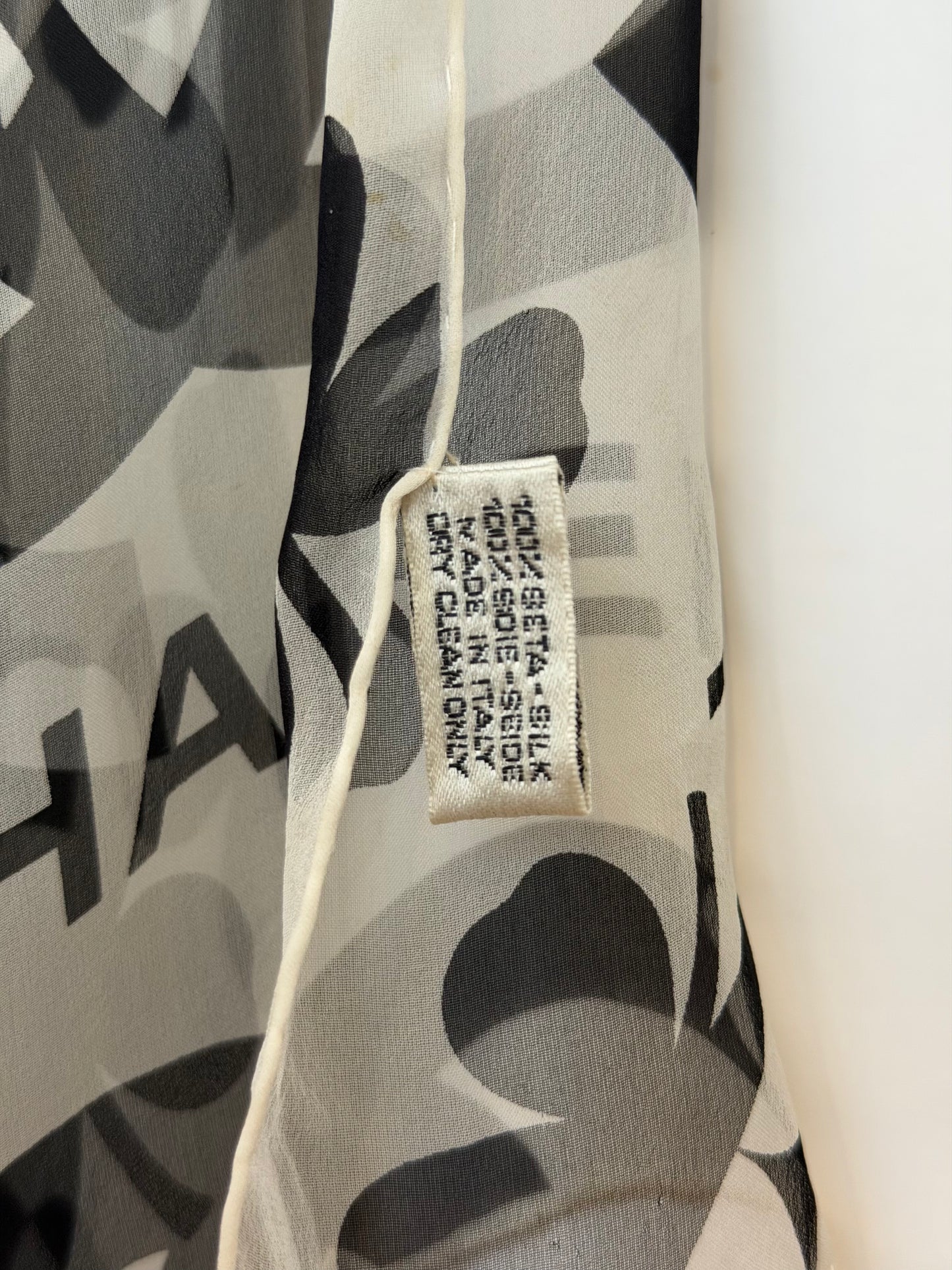 Pre-Owned Chanel Black White Repeated CC Logo Four-Leaf Clover Print Silk Scarf — Pristine | Style Reissue Vancouver