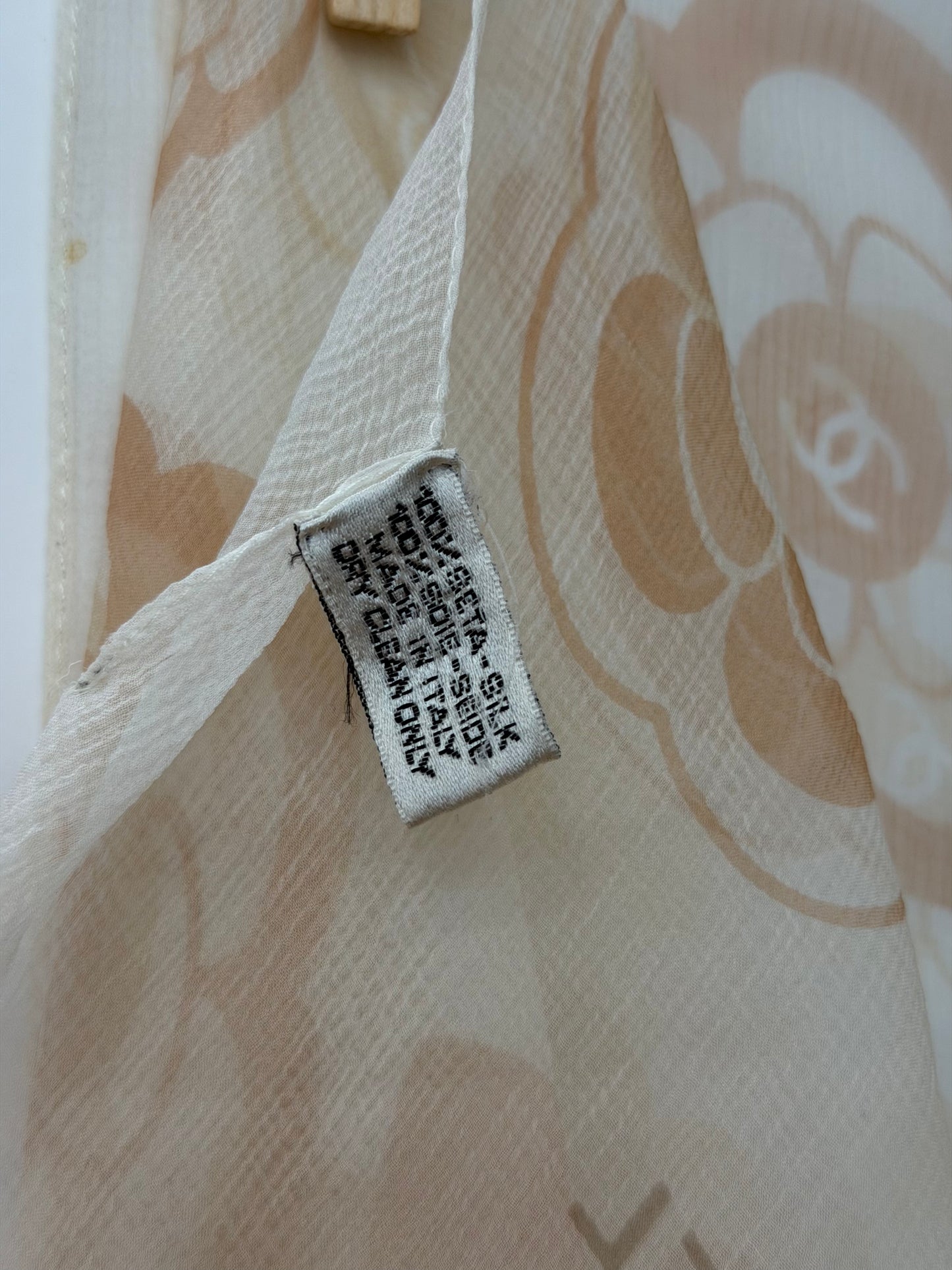 Pre-Owned Chanel Ivory White Silk Scarf Scattered Chanel Lettering Beige Camellia Print — Pristine | Style Reissue Vancouver