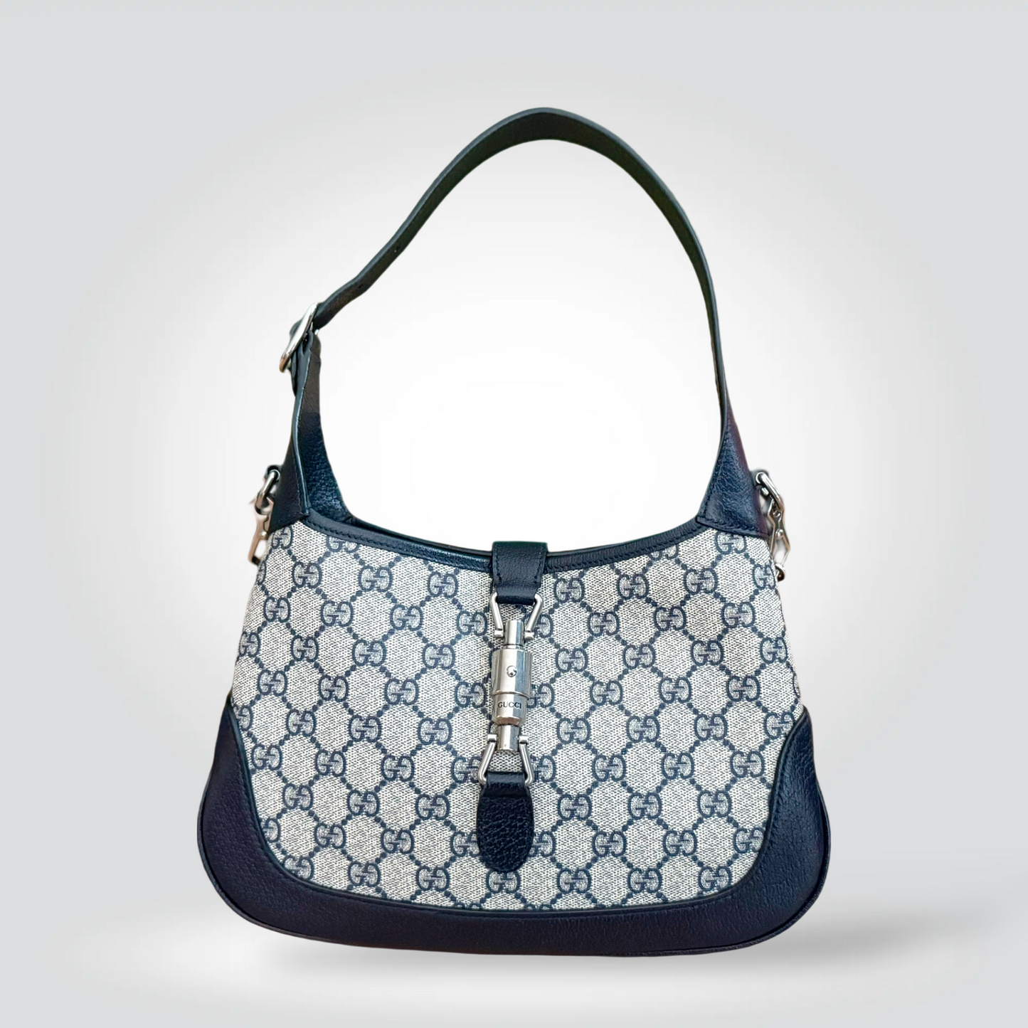 Pre-Owned Gucci Jackie 1961 Small Navy GG Supreme Canvas Web Stripe Crossbody Bag Silver Hardware — Excellent | Style Reissue Vancouver