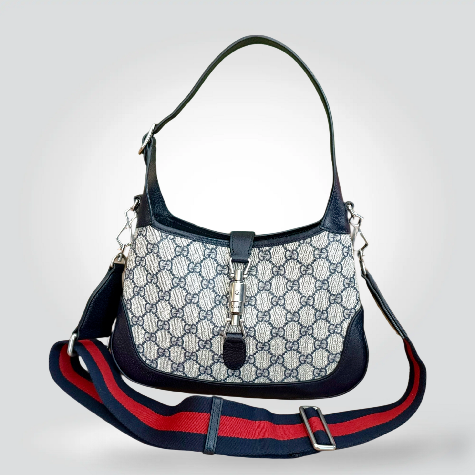 Pre-Owned Gucci Jackie 1961 Small navy GG Supreme canvas leather trim web stripe crossbody bag silver hardware — Style Reissue Vancouver