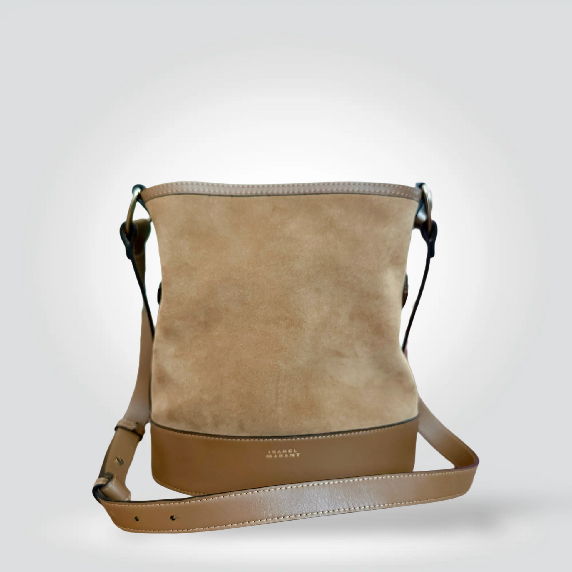 Pre-Owned Isabel Marant Samara tan camel suede leather bucket crossbody bag antique brass hardware — Style Reissue Vancouver
