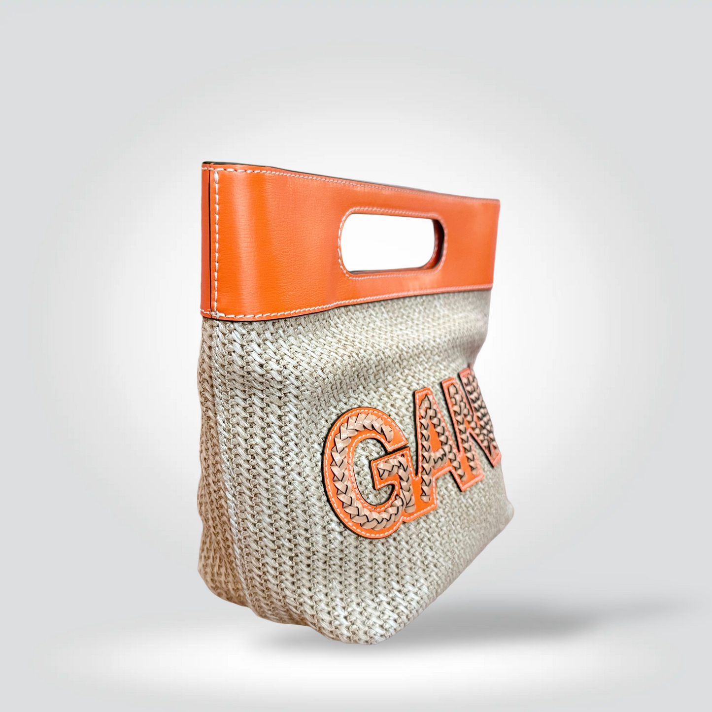 Pre-Owned Ganni Kraft Raffia Orange Leather Trim Top Handle Crossbody Bag GANNI Logo — Very Good | Style Reissue Vancouver