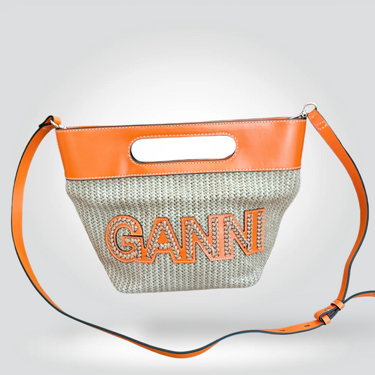 
Pre-Owned Ganni Kraft Raffia orange leather trim top handle crossbody bag GANNI logo appliqué — Style Reissue Vancouver