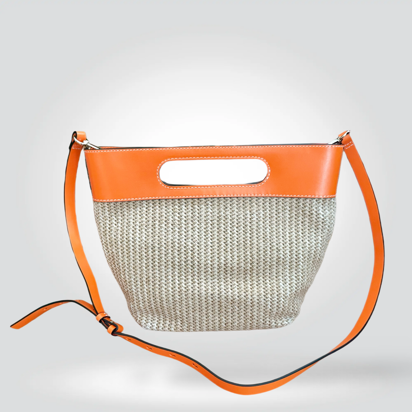 Pre-Owned Ganni Kraft Raffia Orange Leather Trim Top Handle Crossbody Bag GANNI Logo — Very Good | Style Reissue Vancouver