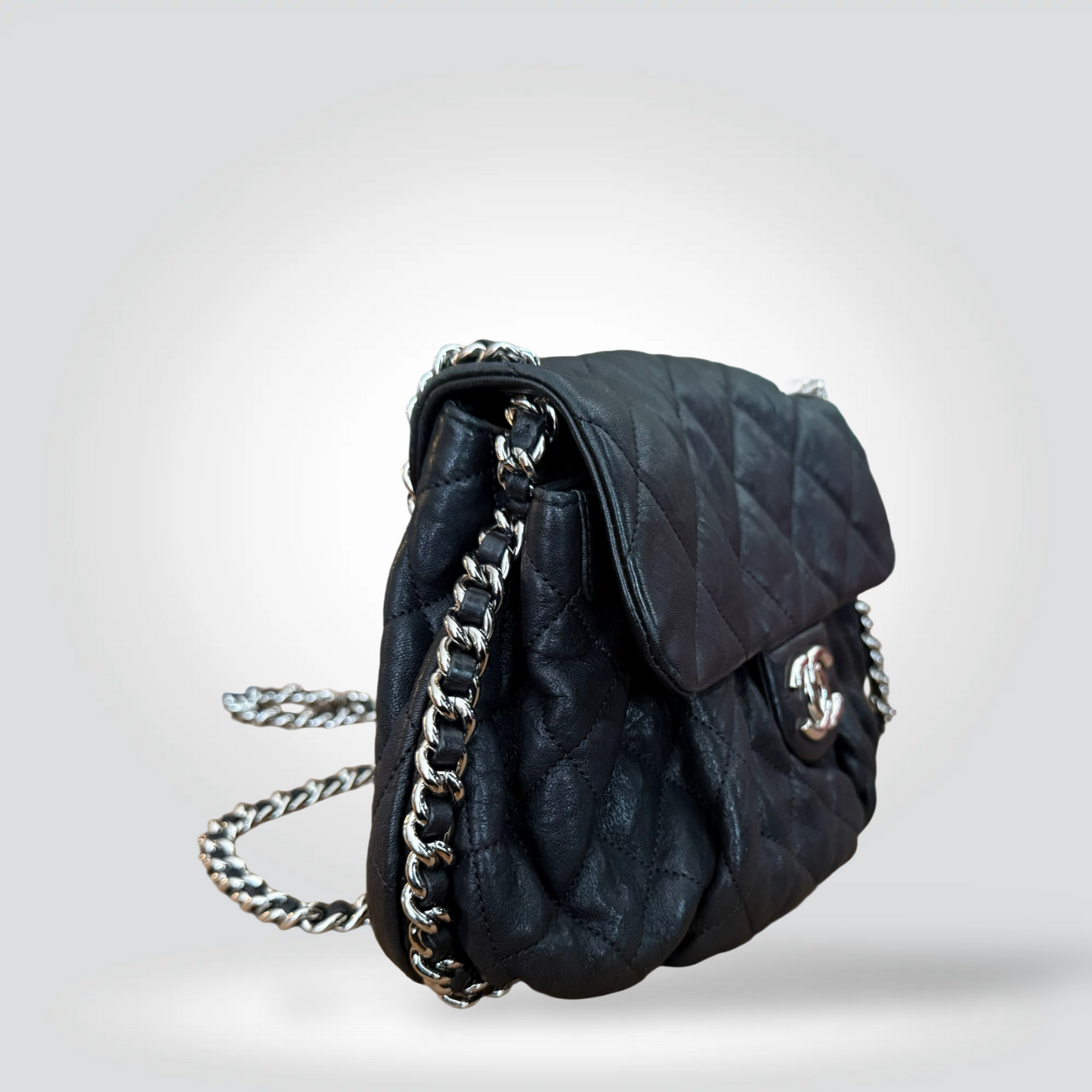 Pre-Owned Chanel Chain Around Black Quilted Lambskin Leather Flap Bag Silver CC Hardware — Size —Very Good | Style Reissue Vancouver