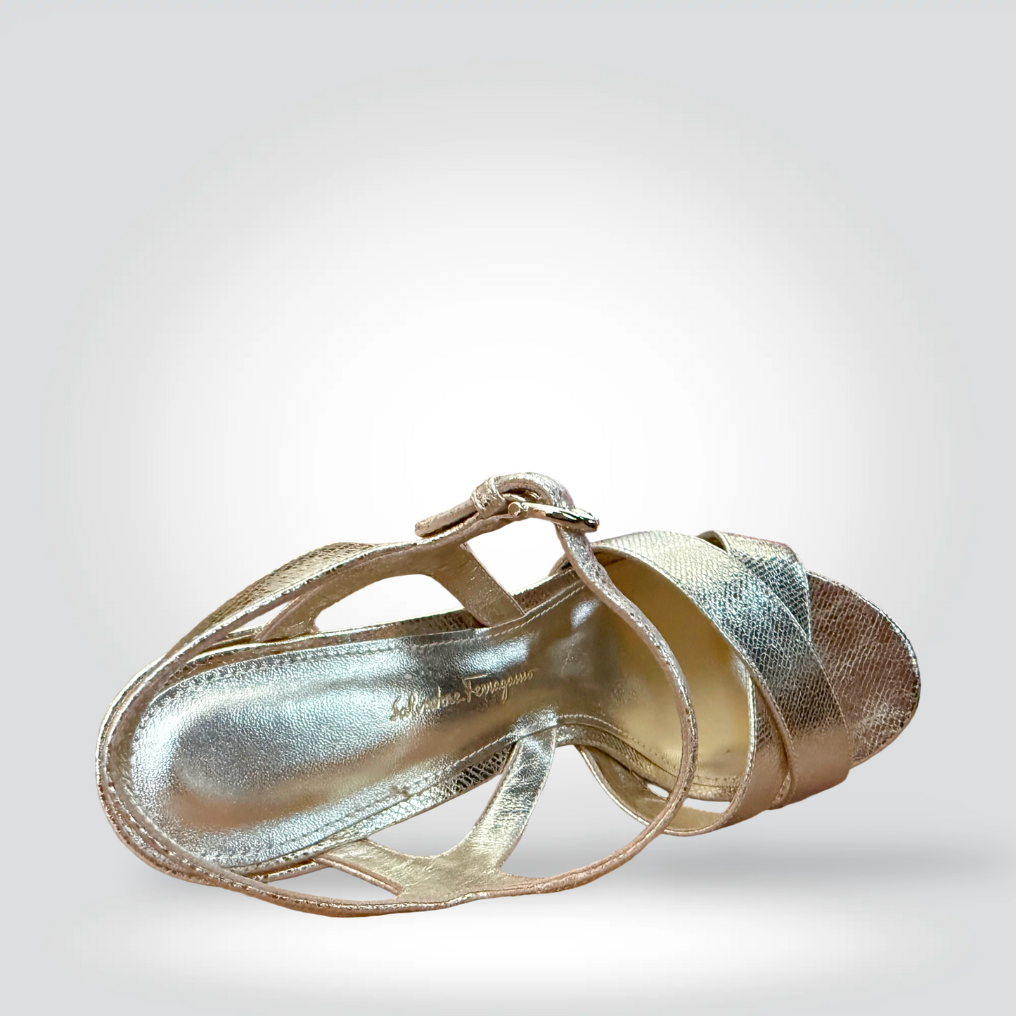 re-Owned Salvatore Ferragamo Silver Metallic Crinkle Leather Strappy Platform Sandal Block Heel — Size 7.5 — Condition | Style Reissue Vancouver