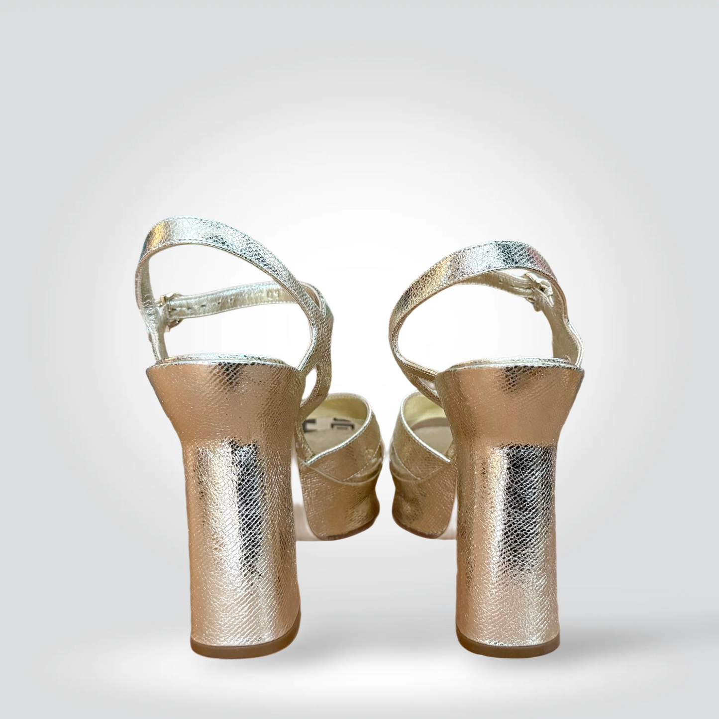 re-Owned Salvatore Ferragamo Silver Metallic Crinkle Leather Strappy Platform Sandal Block Heel — Size 7.5 — Condition | Style Reissue Vancouver