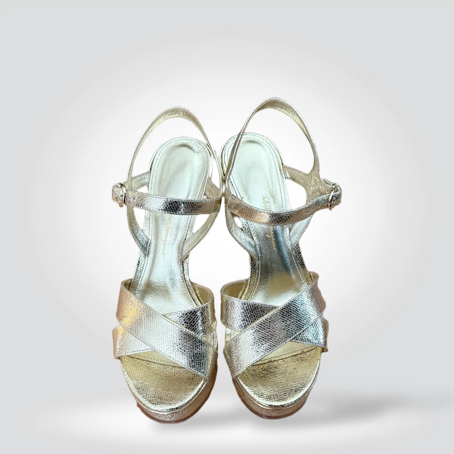re-Owned Salvatore Ferragamo Silver Metallic Crinkle Leather Strappy Platform Sandal Block Heel — Size 7.5 — Condition | Style Reissue Vancouver