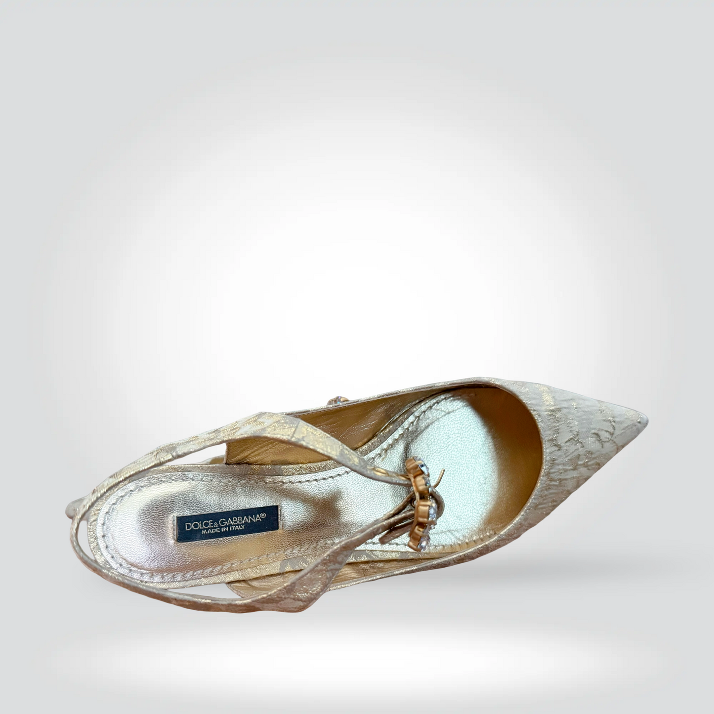 Pre-Owned Dolce & Gabbana Gold Silver Brocade Pointed Toe Slingback Flat Jewelled Ankle Strap — Size 36 — Excellent | Style Reissue Vancouver