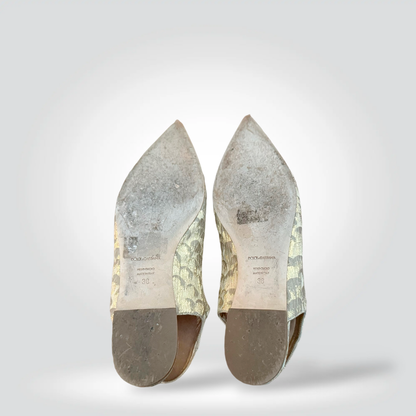 Pre-Owned Dolce & Gabbana Gold Silver Brocade Pointed Toe Slingback Flat Jewelled Ankle Strap — Size 36 — Excellent | Style Reissue Vancouver