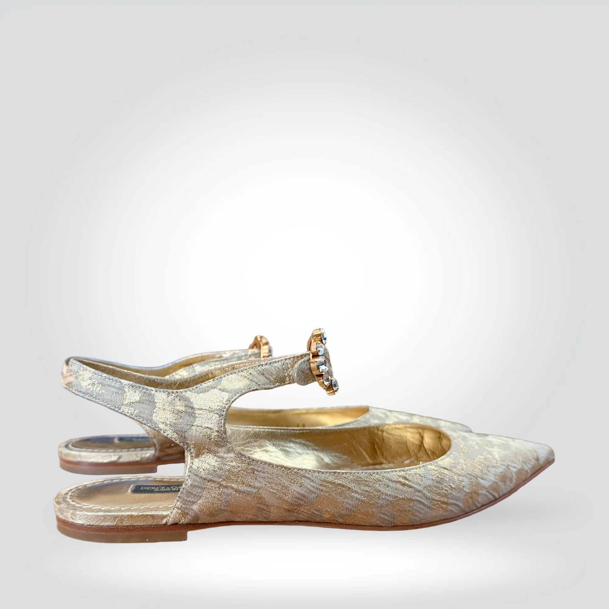 wned Dolce & Gabbana gold silver brocade pointed toe slingback flat jewelled ankle strap — Style Reissue Vancouver
