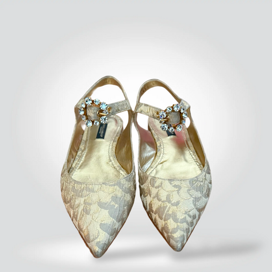Pre-Owned Dolce & Gabbana Gold Silver Brocade Pointed Toe Slingback Flat Jewelled Ankle Strap — Size 36 — Excellent | Style Reissue Vancouver