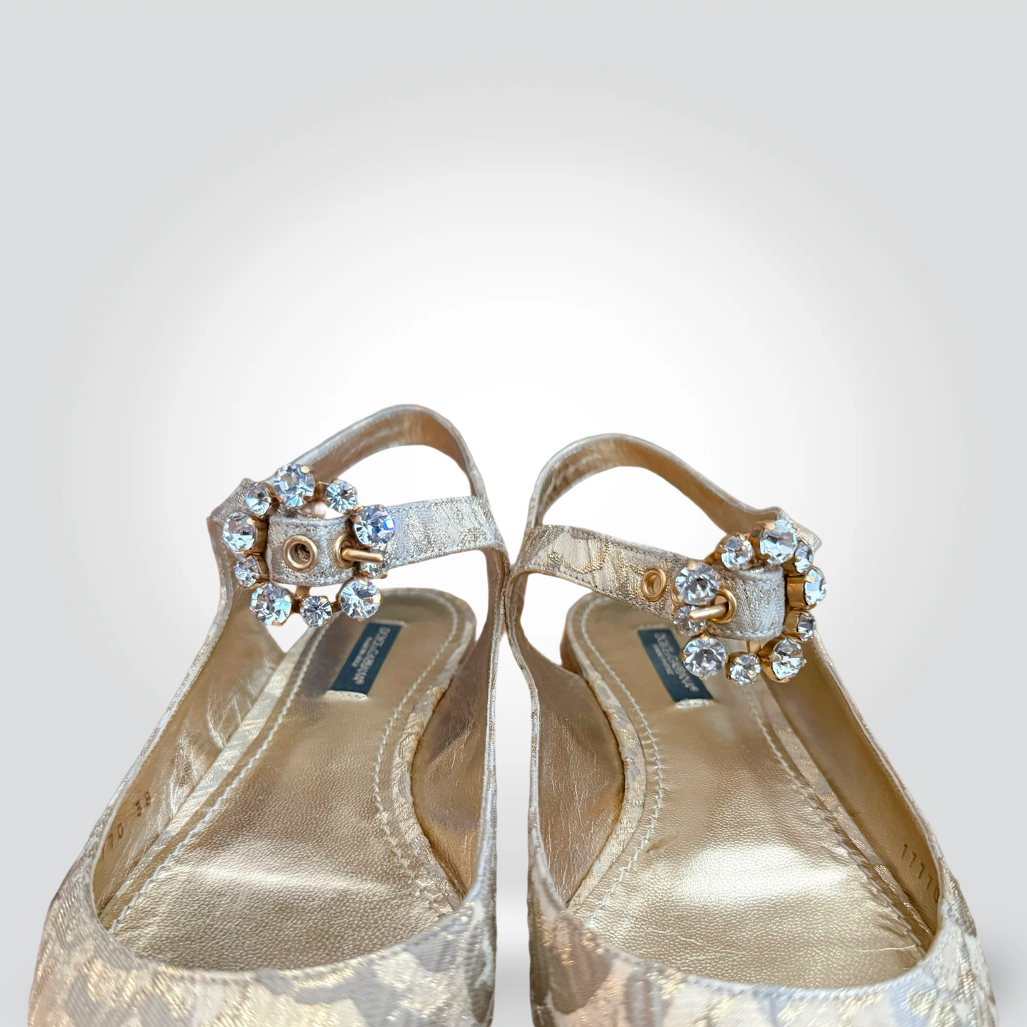 Pre-Owned Dolce & Gabbana Gold Silver Brocade Pointed Toe Slingback Flat Jewelled Ankle Strap — Size 36 — Excellent | Style Reissue Vancouver