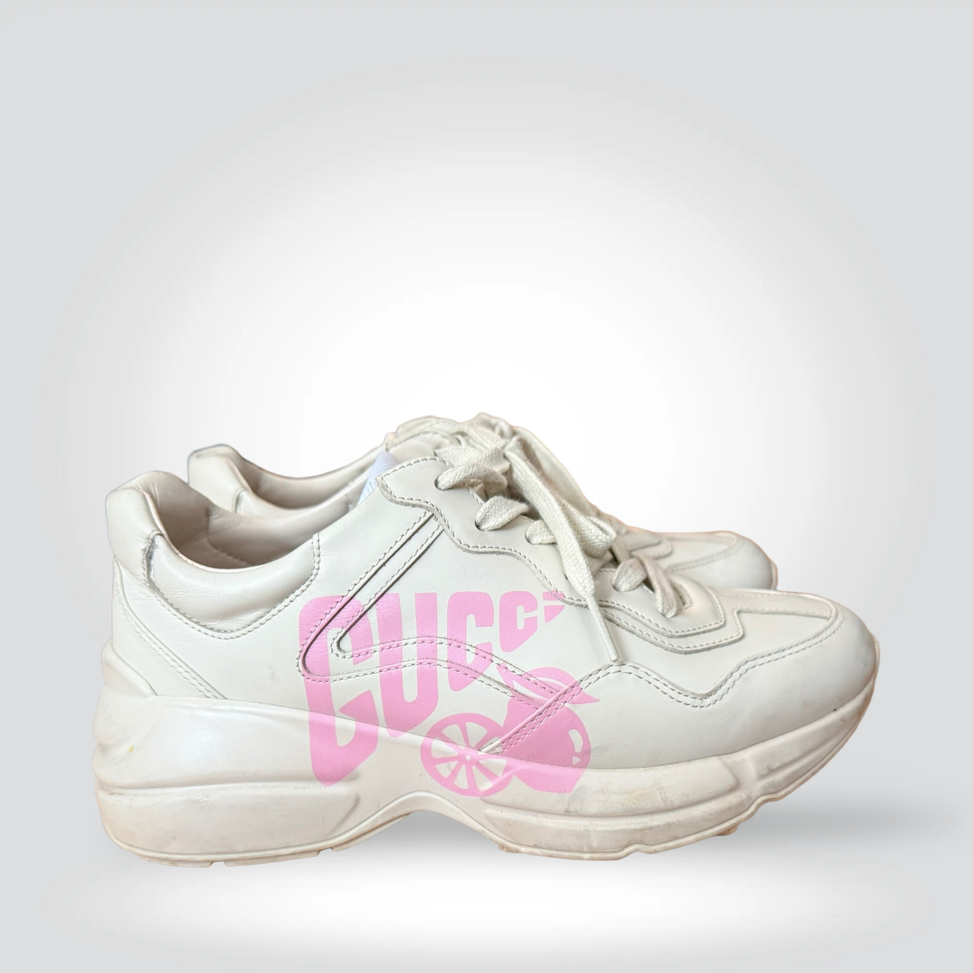 Pre-Owned Gucci Rhyton white leather chunky sneaker pink logo print — Style Reissue Vancouver