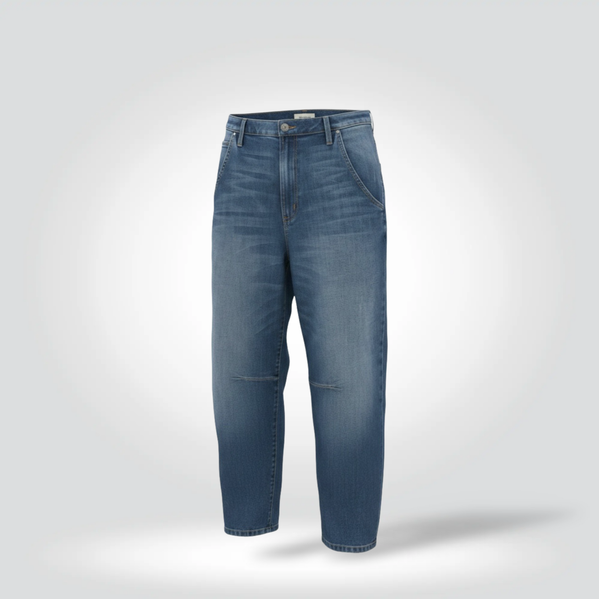 re-Owned Nili Lotan Emerson medium blue wash relaxed barrel leg cropped jeans size 30 — Style Reissue Vancouver