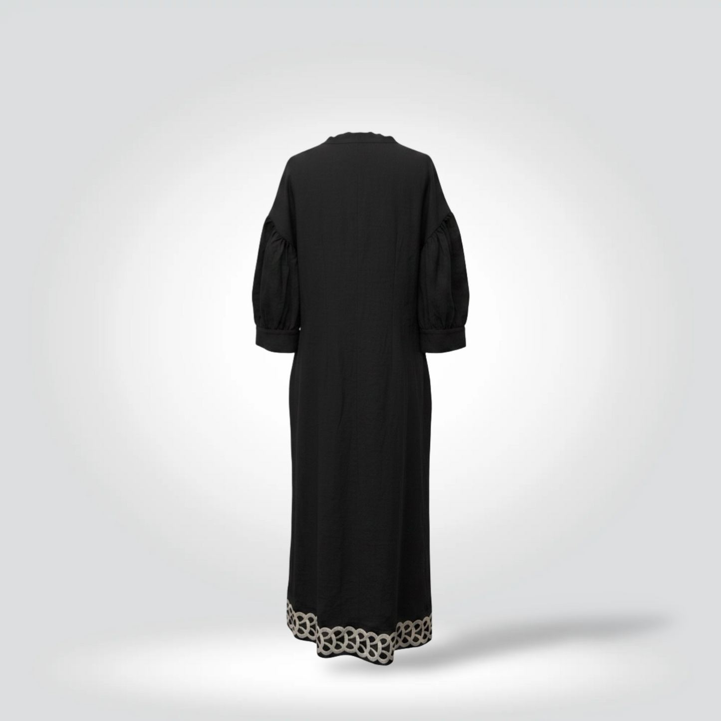 Pre-Owned By Malene Birger Black Organic Linen Maxi Dress White Chain Embroidery Puff Sleeve — Size 38 — Good | Style Reissue Vancouver