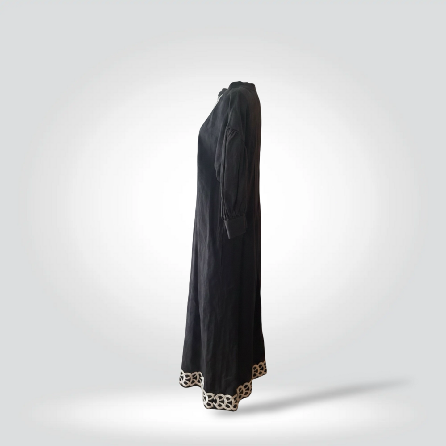 Pre-Owned By Malene Birger Black Organic Linen Maxi Dress White Chain Embroidery Puff Sleeve — Size 38 — Good | Style Reissue Vancouver
