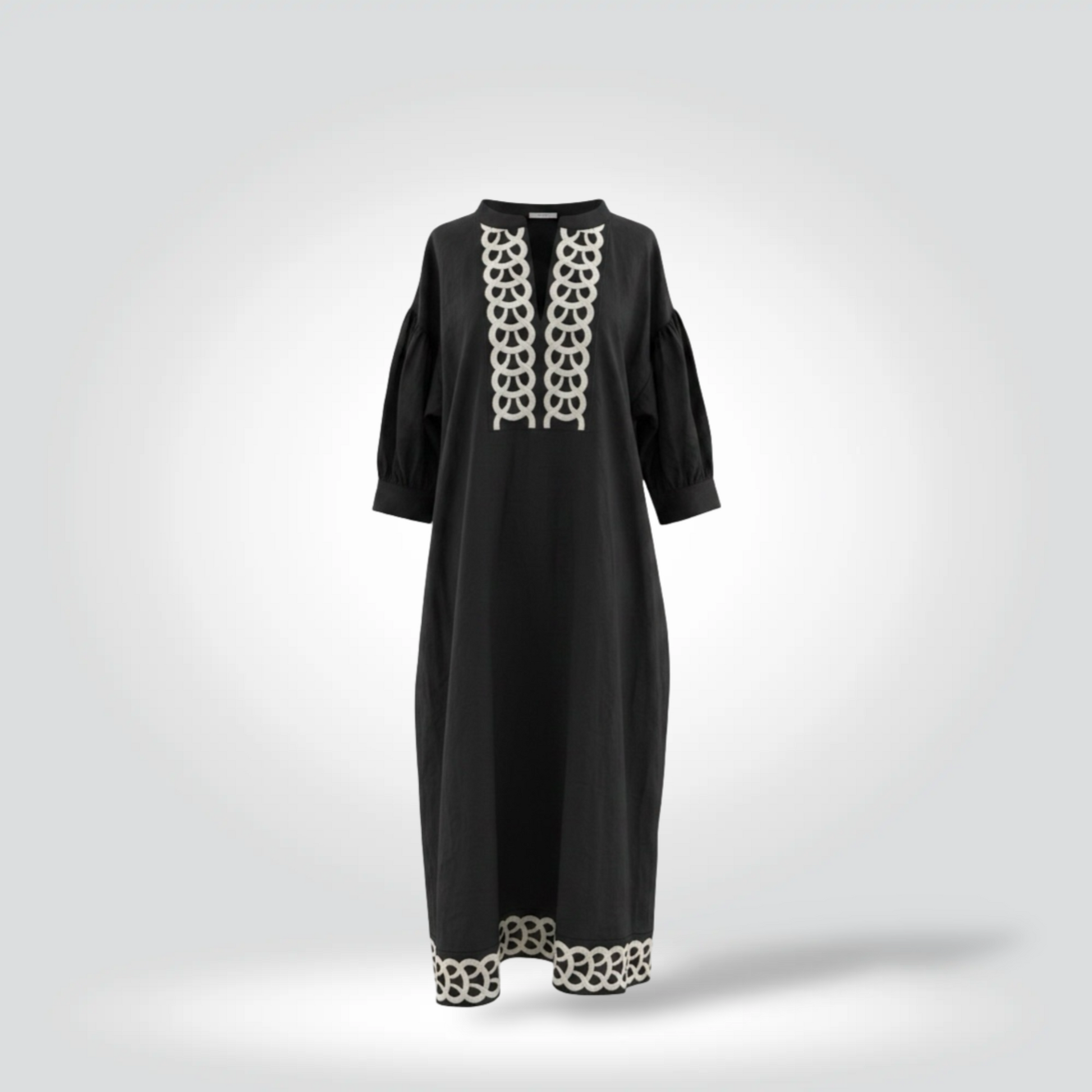 Pre-Owned By Malene Birger black organic linen maxi dress white embroidery puff sleeve size 38 — Style Reissue Vancouver