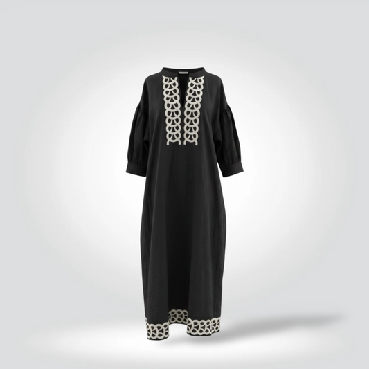 Pre-Owned By Malene Birger black organic linen maxi dress white embroidery puff sleeve size 38 — Style Reissue Vancouver