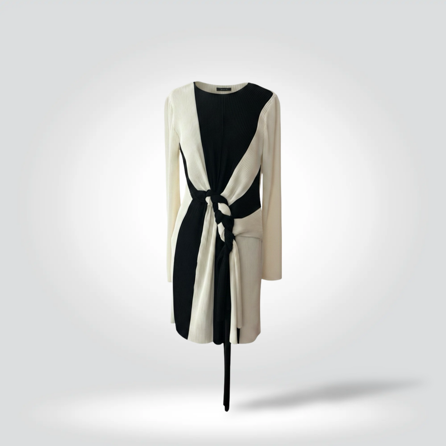 Pre-Owned Thakoon black white colour-block ribbed tie waist midi dress long sleeve — Style Reissue Vancouver