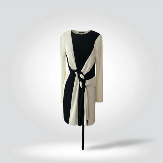 Pre-Owned Thakoon black white colour-block ribbed tie waist midi dress long sleeve — Style Reissue Vancouver