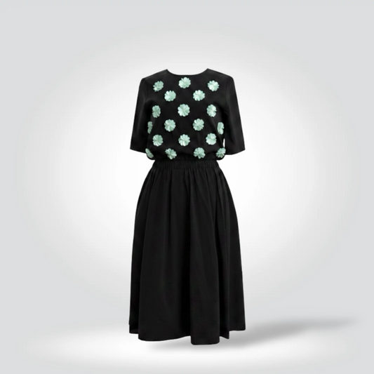 Pre-Owned Paskal black midi dress mint green 3D floral appliqué short sleeve gathered skirt — Style Reissue Vancouver