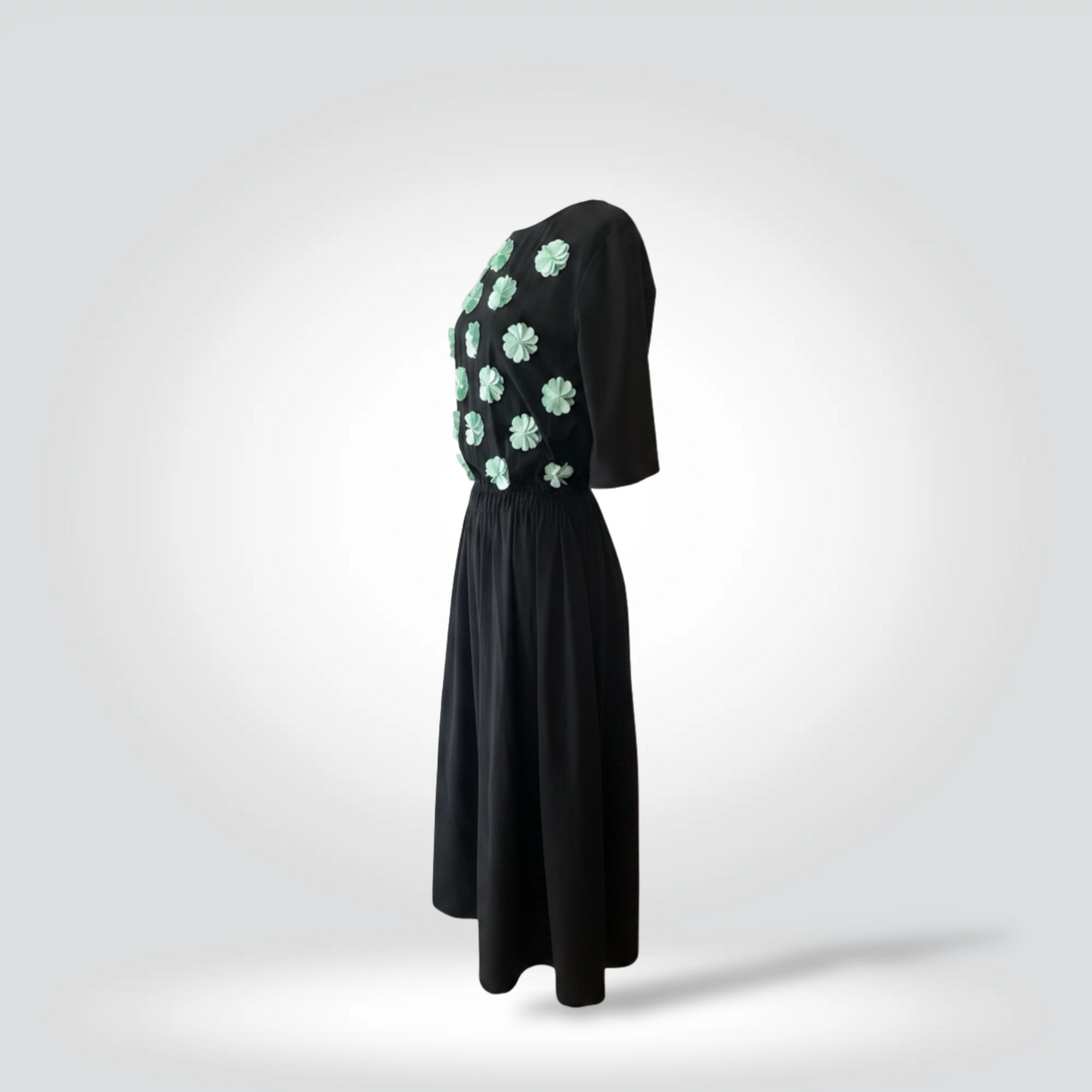 Pre-Owned Paskal Black Midi Dress Mint Green 3D Floral Appliqué Short Sleeve Gathered Skirt — Very Good  | Style Reissue Vancouver
