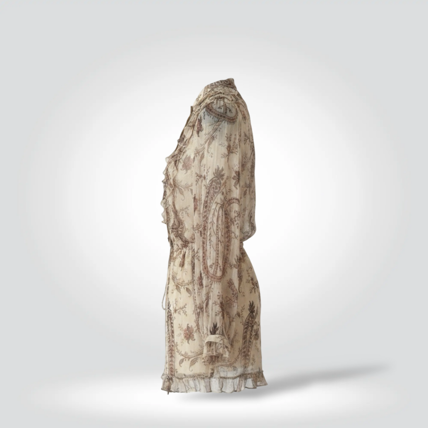 Pre-Owned Zimmermann Cream Ivory Silk Paisley Floral Ruffle Long Sleeve Romper — Size 1 — Condition | Style Reissue Vancouver