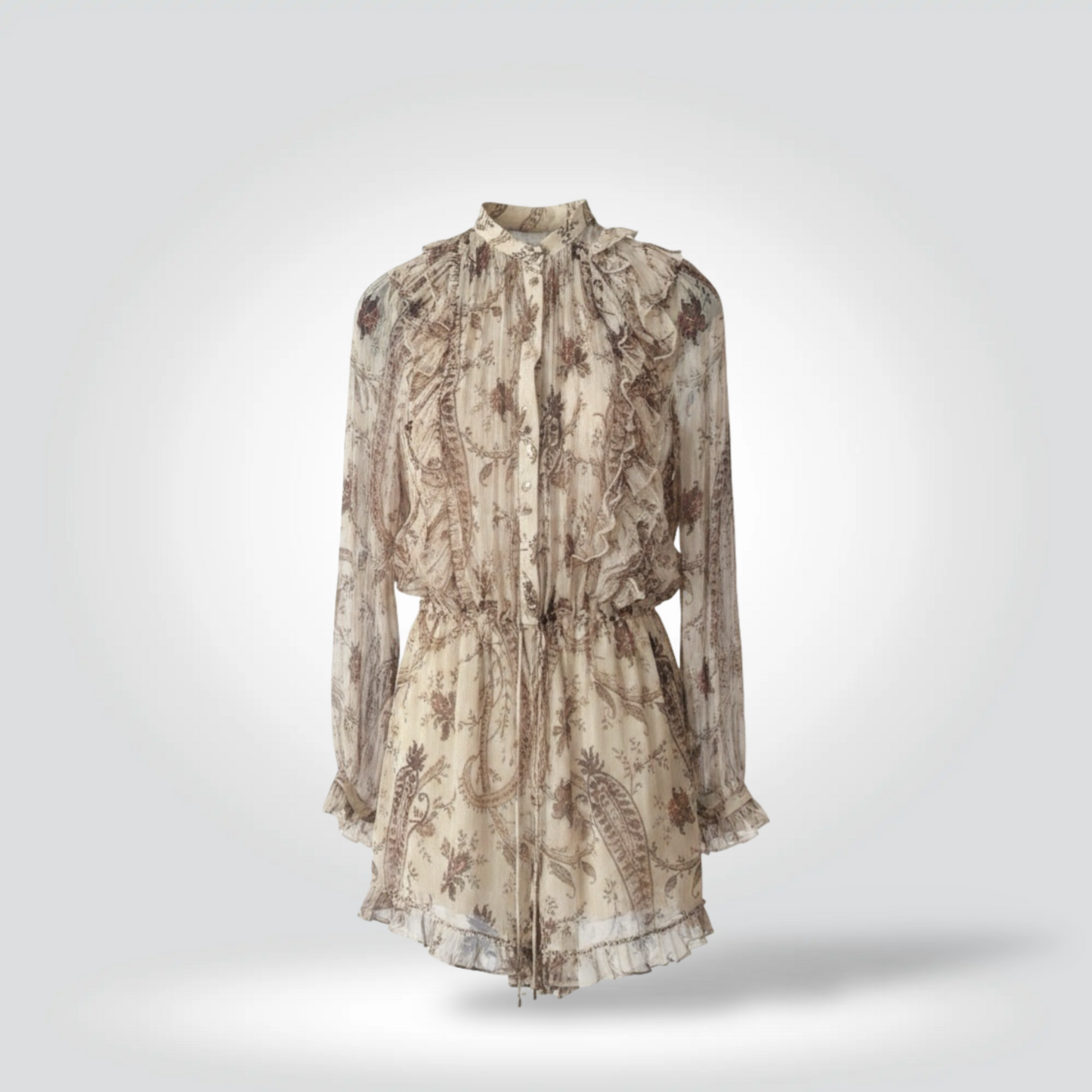Pre-Owned Zimmermann cream ivory silk paisley floral ruffle long sleeve romper playsuit size 1 — Style Reissue Vancouver