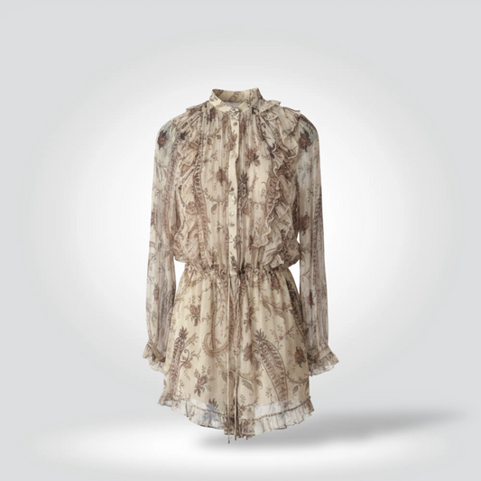 Pre-Owned Zimmermann cream ivory silk paisley floral ruffle long sleeve romper playsuit size 1 — Style Reissue Vancouver