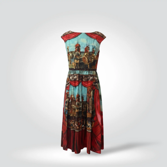 Pre-Owned Dolce & Gabbana Roman warrior theatrical print cotton midi dress cap sleeve size 42 — Style Reissue Vancouver
