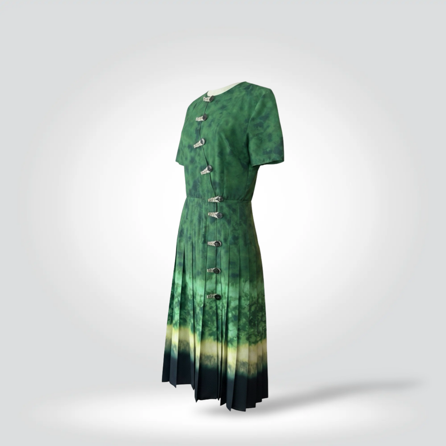 Pre-Owned Altuzarra Ilari Green Tie-Dye Ombre Midi Dress Silver Toggle Closure Short Sleeve — Size — Very Good | Style Reissue Vancouver