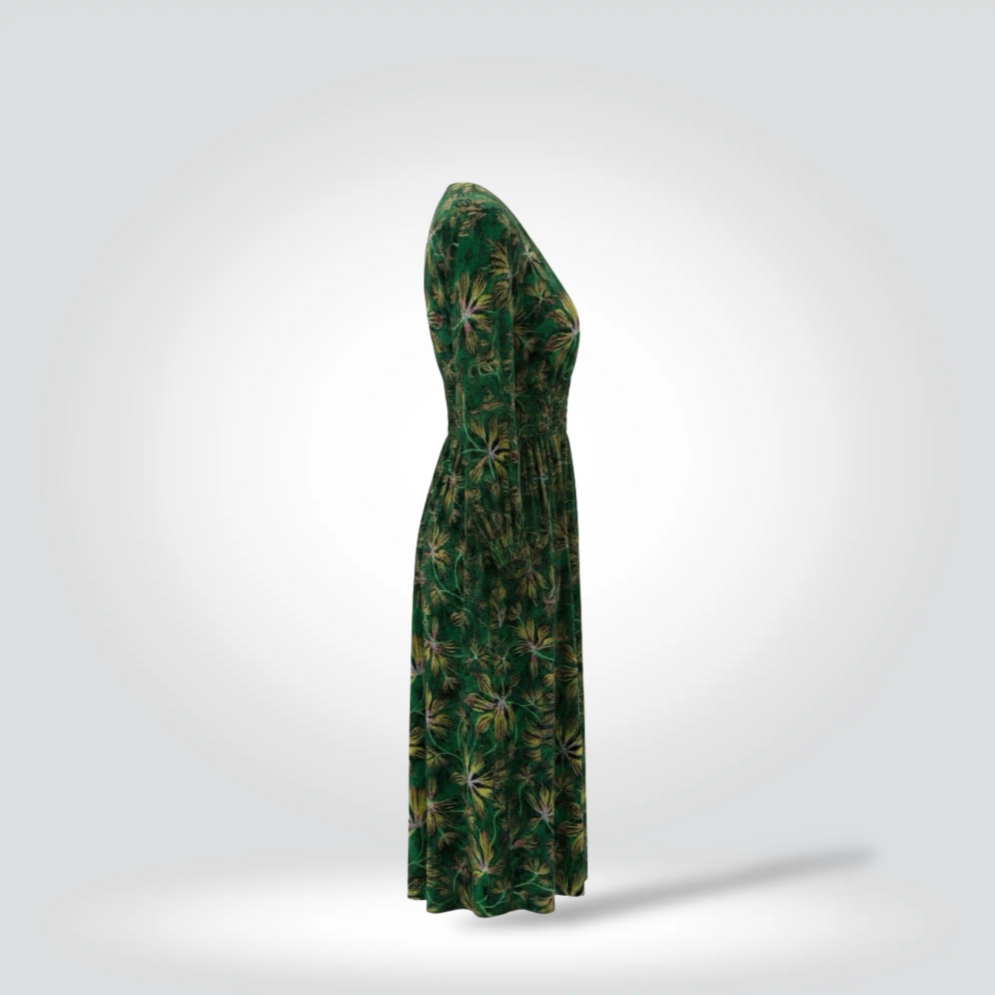 Pre-Owned Ulla Johnson Allita Green Tropical Floral Print Long Sleeve Smocked Waist Midi Dress — Size —Very Good  | Style Reissue Vancouver