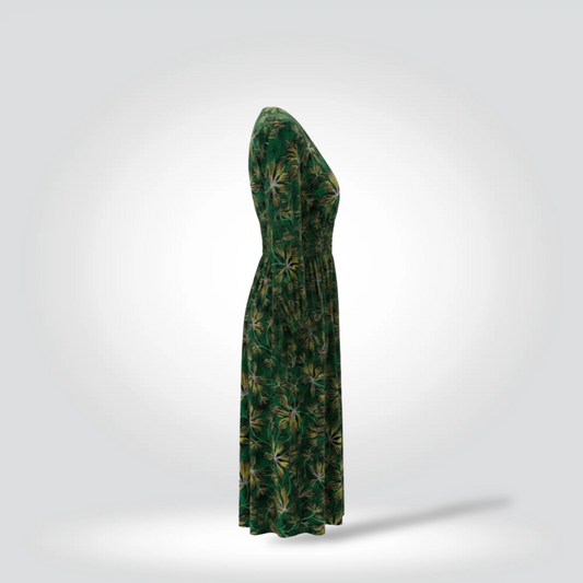 Pre-Owned Ulla Johnson Allita Green Tropical Floral Print Long Sleeve Smocked Waist Midi Dress — Size —Very Good  | Style Reissue Vancouver