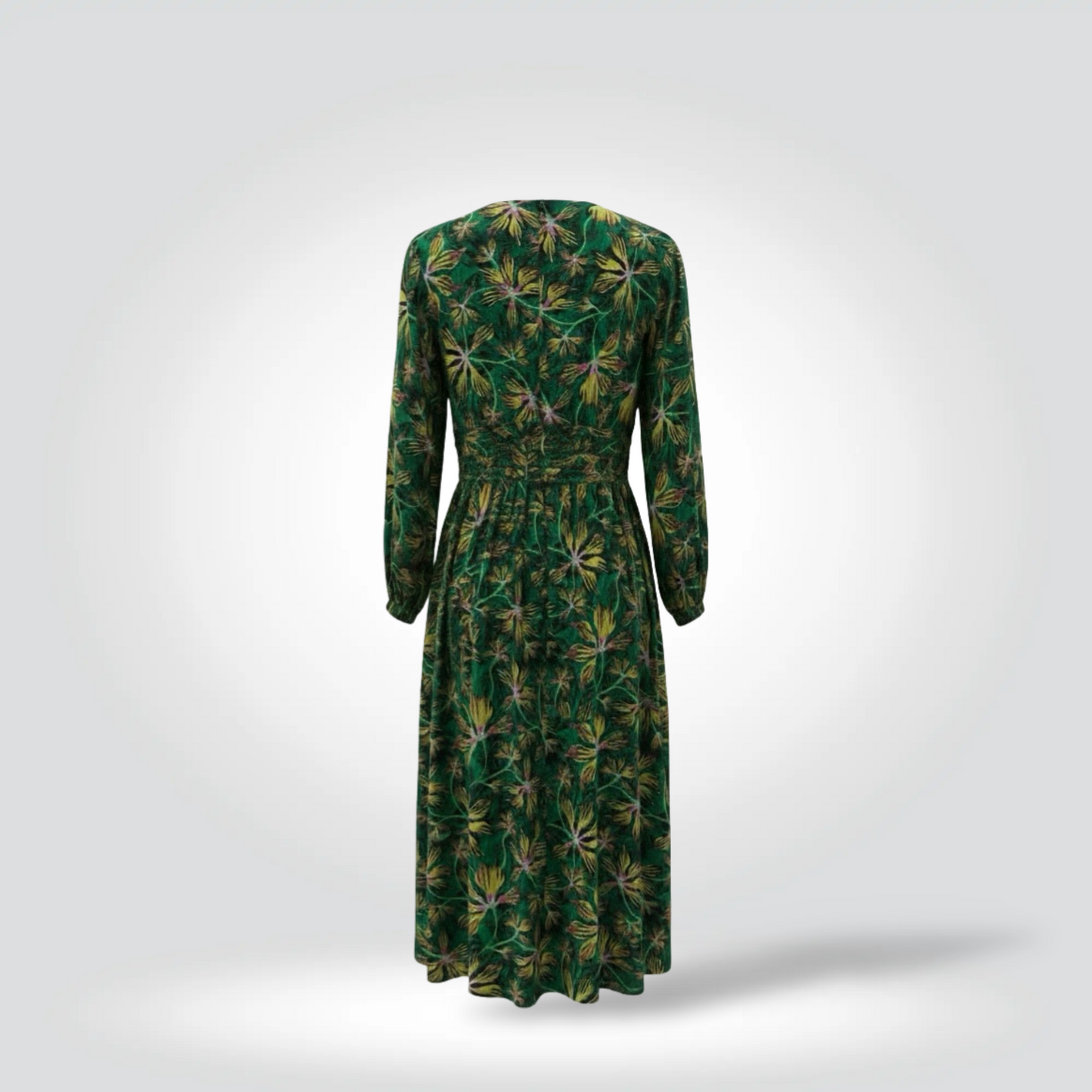 Pre-Owned Ulla Johnson Allita Green Tropical Floral Print Long Sleeve Smocked Waist Midi Dress — Size —Very Good  | Style Reissue Vancouver