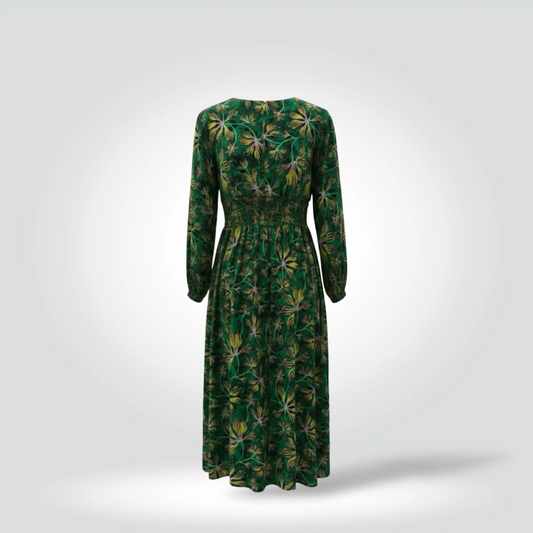 re-Owned Ulla Johnson Allita green tropical floral print long sleeve smocked waist midi dress — Style Reissue Vancouver