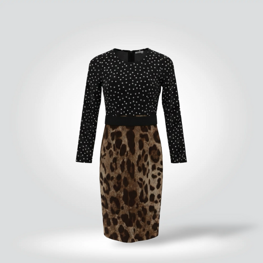 Pre-Owned Dolce & Gabbana black polka dot leopard print long sleeve silk midi dress — Style Reissue Vancouver