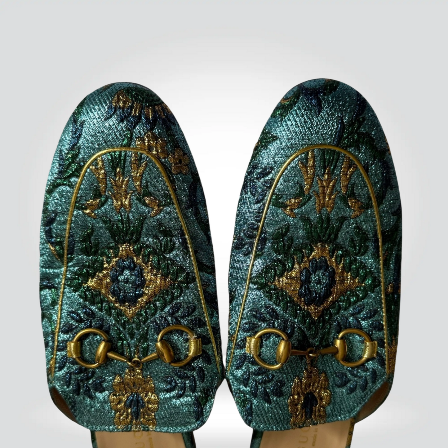 Pre-Owned Gucci Princetown Teal Emerald Green Gold Brocade Horsebit Loafer Mule Flat — Size 37.5 — Pristine | Style Reissue Vancouver