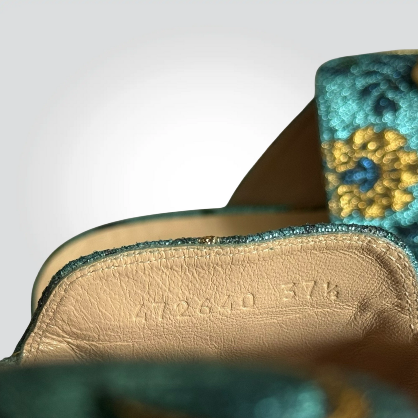 Pre-Owned Gucci Princetown Teal Emerald Green Gold Brocade Horsebit Loafer Mule Flat — Size 37.5 — Pristine | Style Reissue Vancouver