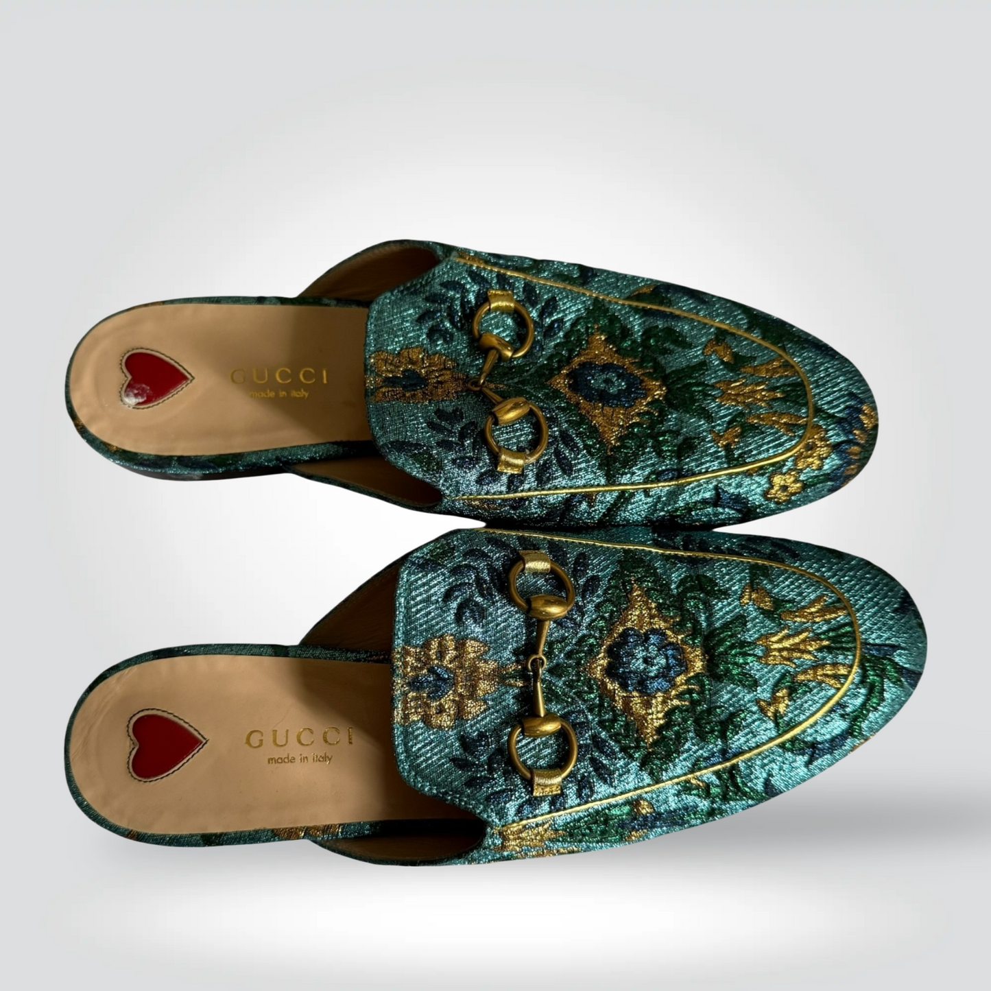 Pre-Owned Gucci Princetown Teal Emerald Green Gold Brocade Horsebit Loafer Mule Flat — Size 37.5 — Pristine | Style Reissue Vancouver