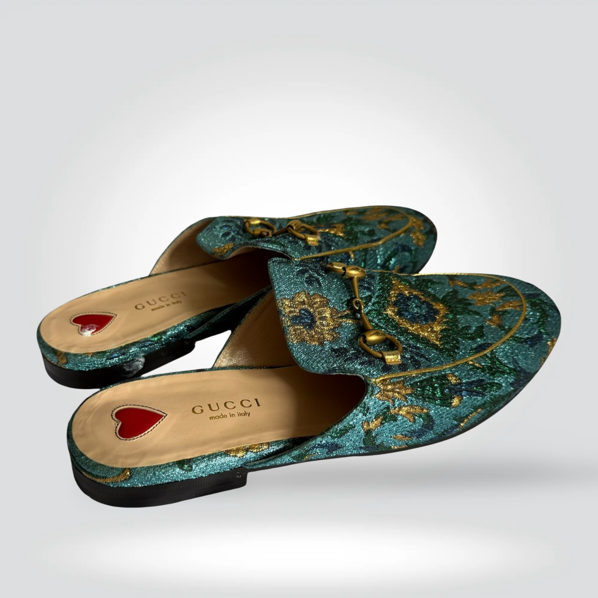 Pre-Owned Gucci Princetown teal emerald green gold brocade horsebit loafer mule flat — Style Reissue Vancouver