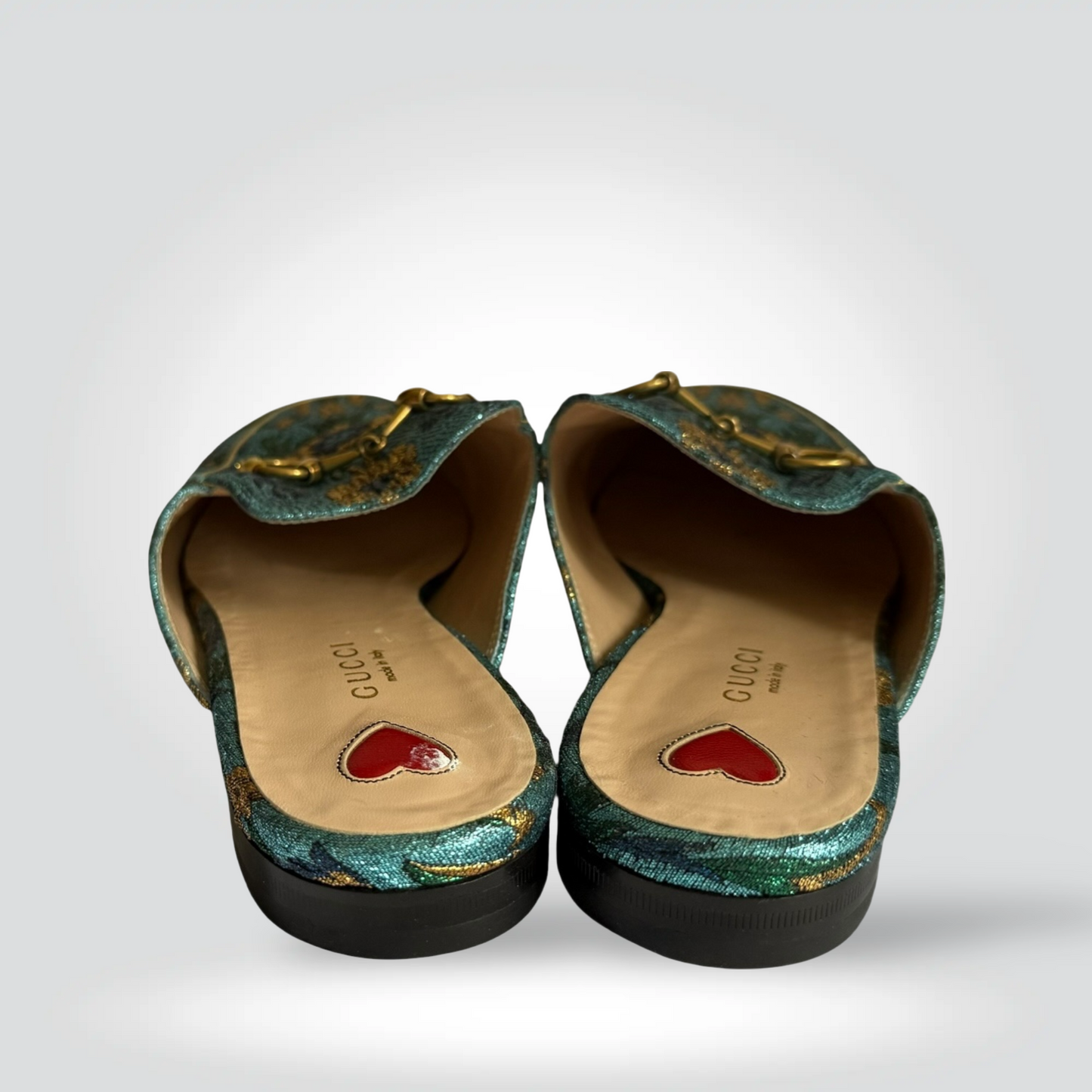 Pre-Owned Gucci Princetown Teal Emerald Green Gold Brocade Horsebit Loafer Mule Flat — Size 37.5 — Pristine | Style Reissue Vancouver