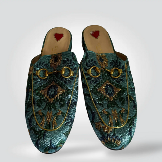 Pre-Owned Gucci Princetown Teal Emerald Green Gold Brocade Horsebit Loafer Mule Flat — Size 37.5 — Pristine | Style Reissue Vancouver