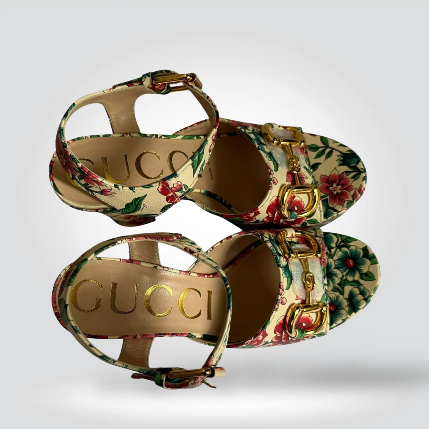 Pre-Owned Gucci Flora Cream Floral Brocade Horsebit Platform Sandal Ankle Strap Gold Hardware 4" — Size 36.5 — Pristine | Style Reissue Vancouver