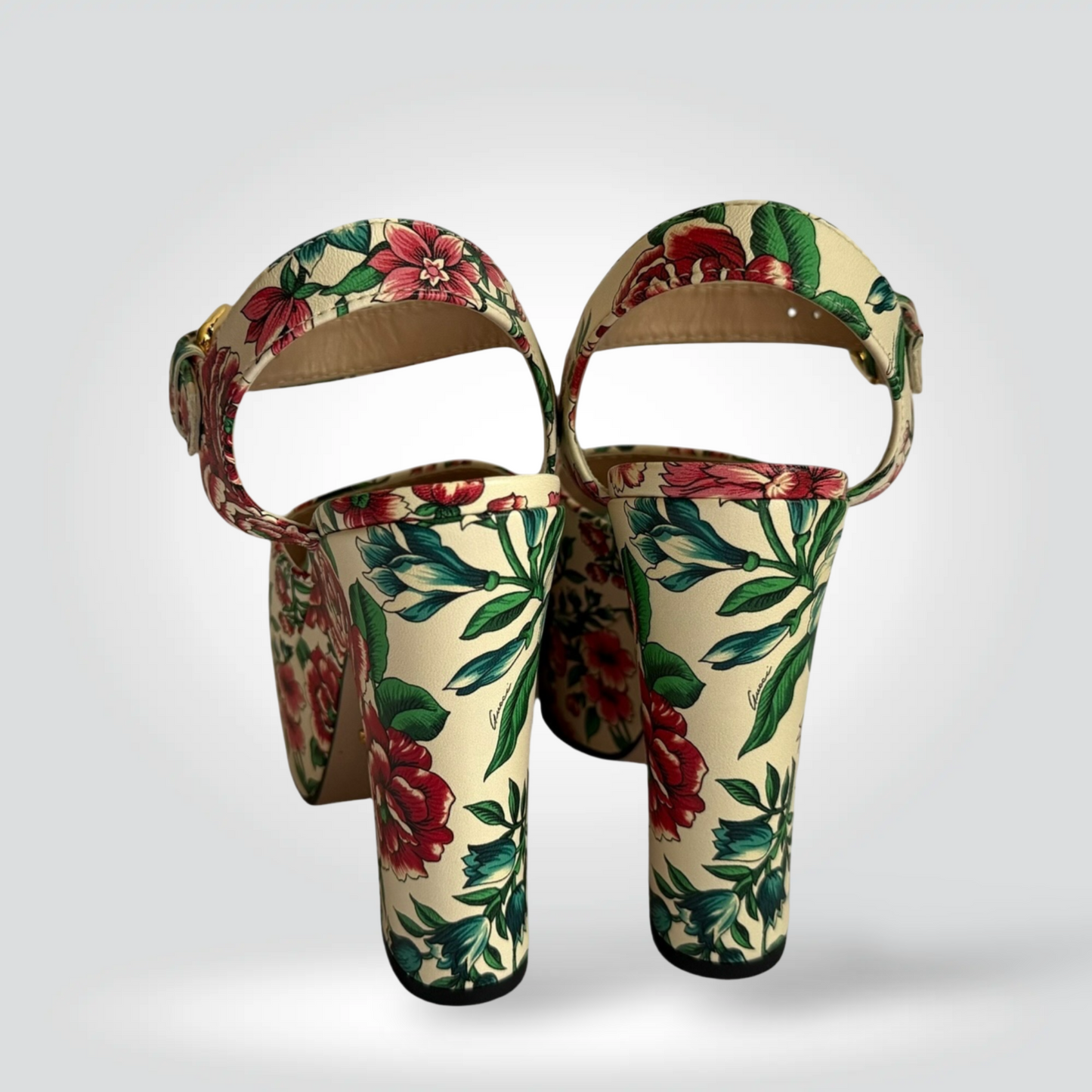 Pre-Owned Gucci Flora Cream Floral Brocade Horsebit Platform Sandal Ankle Strap Gold Hardware 4" — Size 36.5 — Pristine | Style Reissue Vancouver